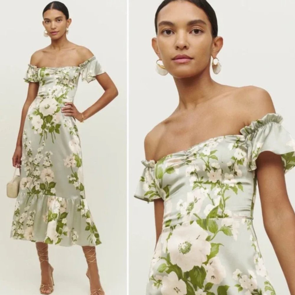 Reformation Sianna 100% Silk Midi Dress Green Tarragon Ruffle Hem Floral Size 8